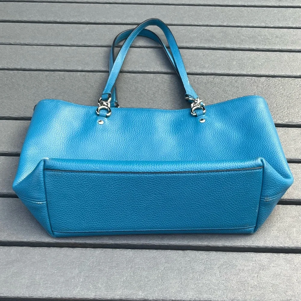 Coach; Vibrant Teal/Blue Leather Tote; Minor Wear; Duel Handles;14x3x8in - Picture 10 of 10